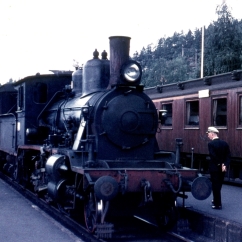 21e No.203 at Nelaug station - 1960. Type 21a No.202 on narrow gauge accommodation bogies. (Norsk Jernbanemuseum)